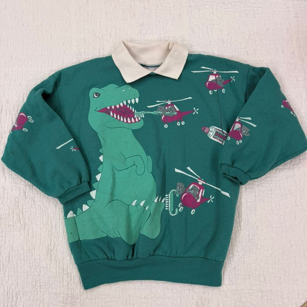Vtg Spumoni Dinosaur teddy bears Sweatshirt Brushing T Rex teeth helicopter 90s